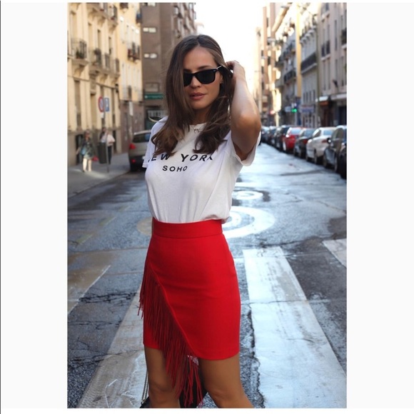 fringe mini skirt red